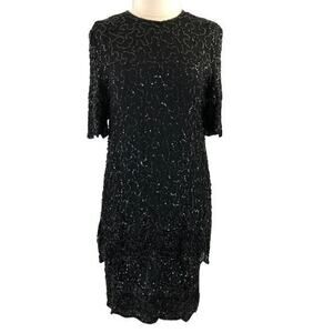 JMD Sequin Shift Dress Knee Length Scalloped Lagenlook Jewel Neck Size L Black
